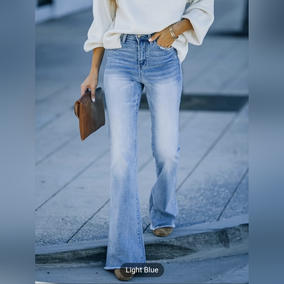 Women's Light Blue Mid Rise Slim Fit with Classic Flare Leg Raw Hem Denim Jeans - Picture 3 of 5